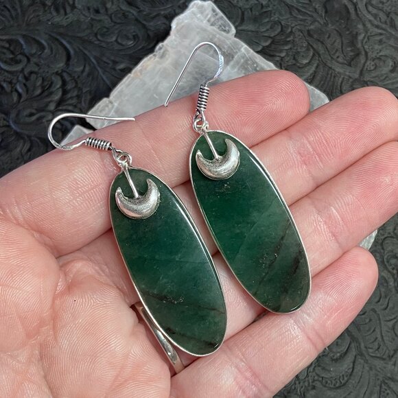 Pyrite Included Green Nephrite Jade and Crescent Moon Earrings Stone Jewelry - Picture 1 of 6